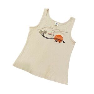 Women Old Navy Hawaiian Tank Samoa Large Tan Wave Beach Top Shirt Ribbed Flower